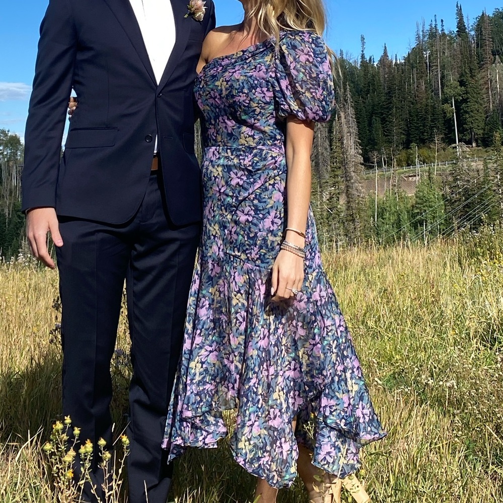 Astr One-Shoulder Floral Dress in Purple and Navy